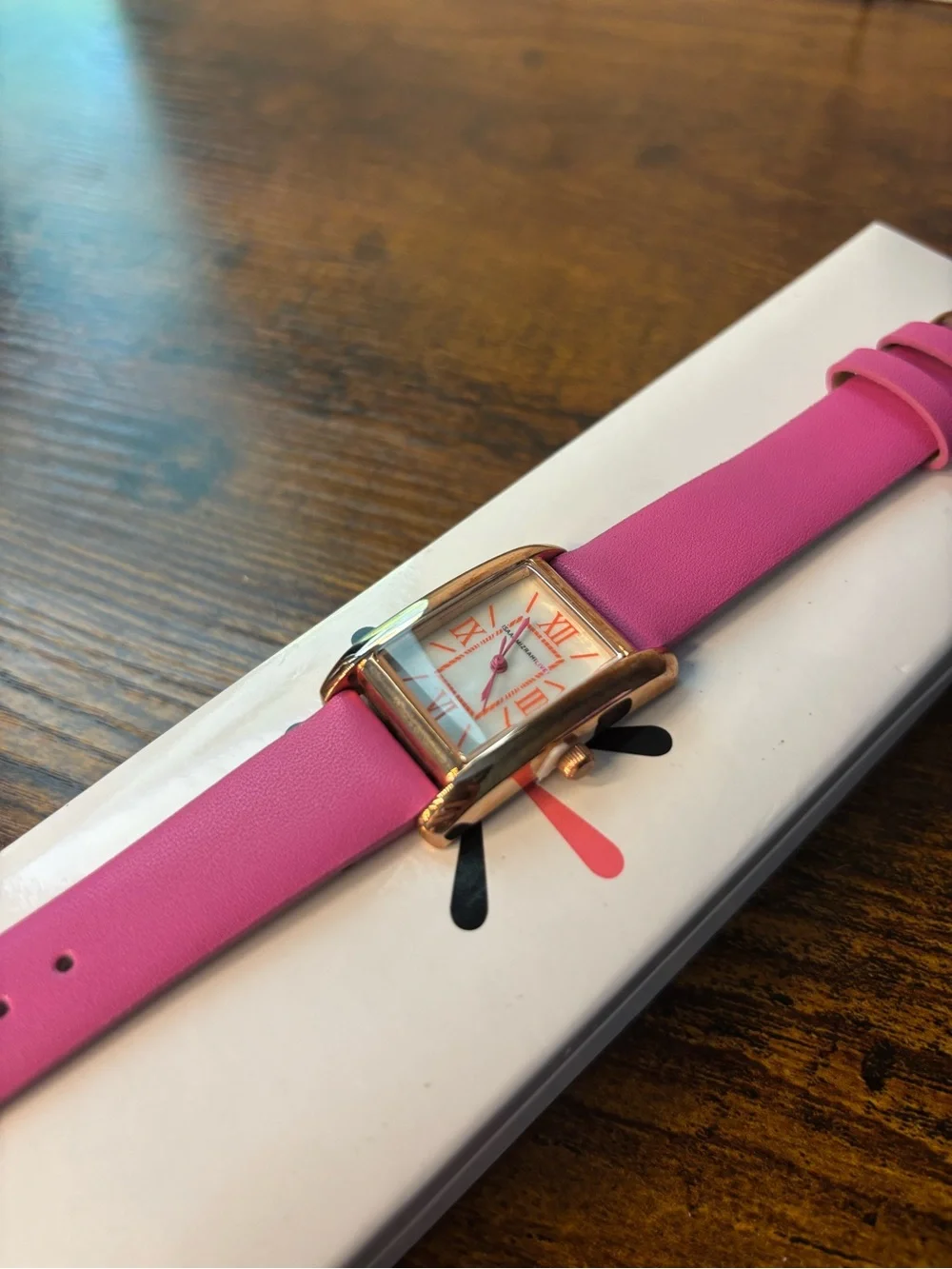 Isaac Mizrahi Hot Pink Leather Strap Watch with Square Gold Case